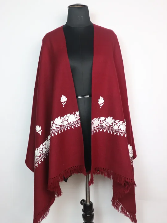 Kashmiri Cashmilon Wool Stole With Aari Work in Maroon | Bushra