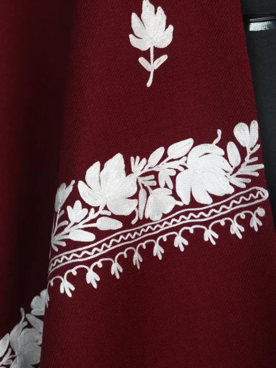 Kashmiri Cashmilon Wool Stole With Aari Work in Maroon | Bushra - Image 2