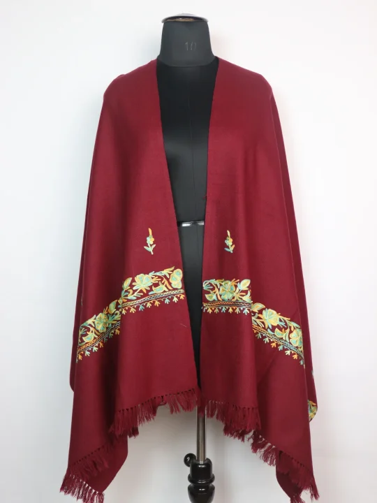 Kashmiri Cashmilon Wool Stole with Aari Work in Maroon | Saba