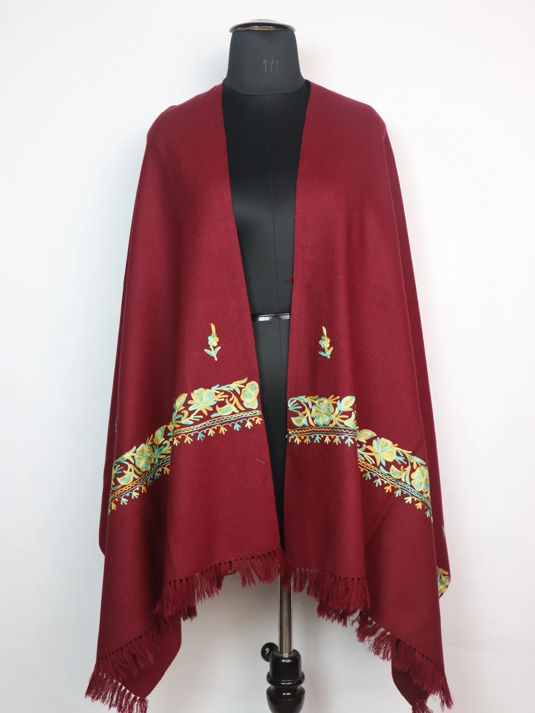 Kashmiri Cashmilon Wool Stole with Aari Work in Maroon | Saba