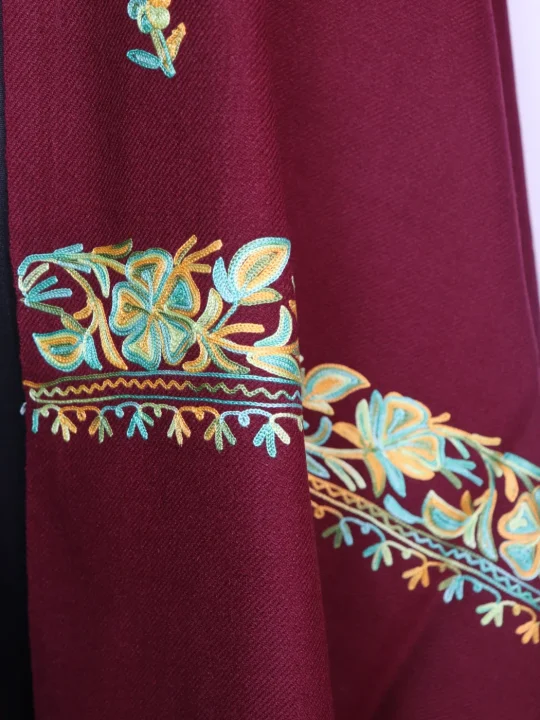 Kashmiri Cashmilon Wool Stole with Aari Work in Maroon | Saba - Image 2
