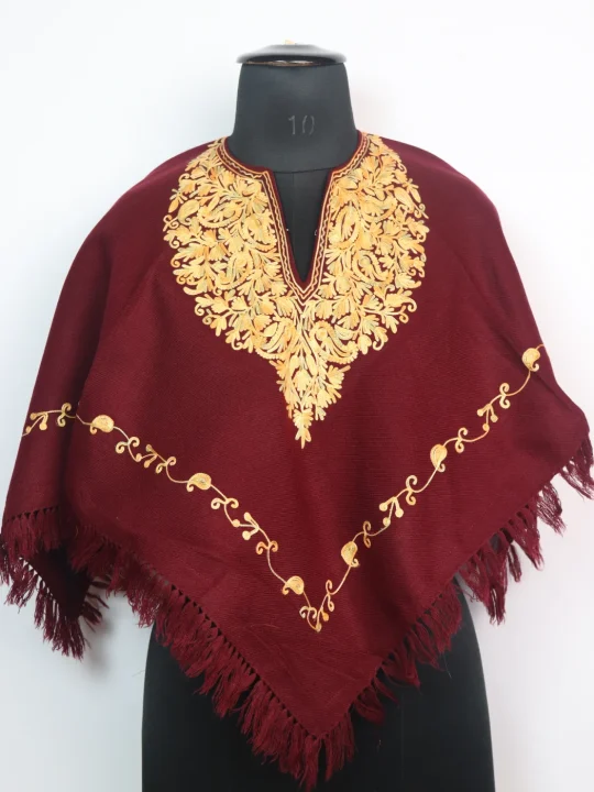 Kashmiri Poncho for Girls in Maroon Cashmilon Wool with Aari Embroidery