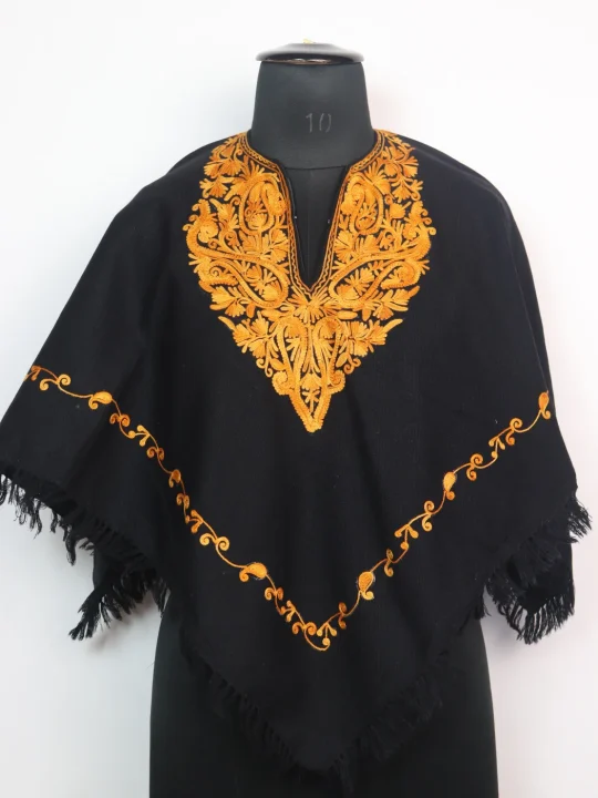 Black Kashmiri Poncho for Girls in Cashmilon Wool with Aari Embroidery