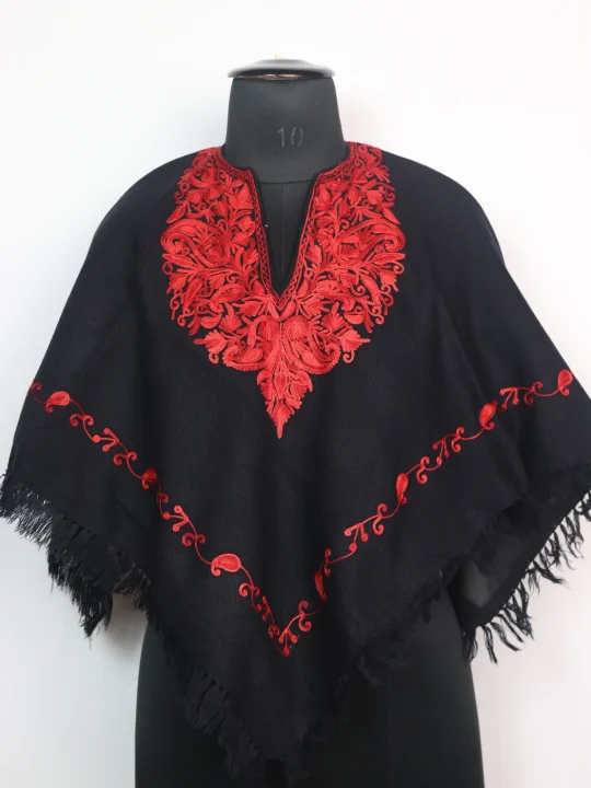 Kashmiri Girls' Poncho in Cashmilon Wool With Aari Embroidery | Black