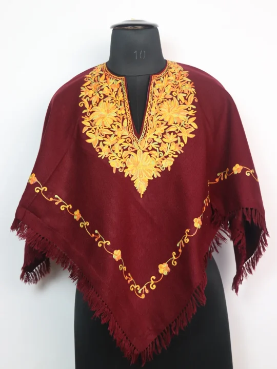 Girls' Kashmiri Poncho in Maroon Cashmilon Wool with Aari Embroidery
