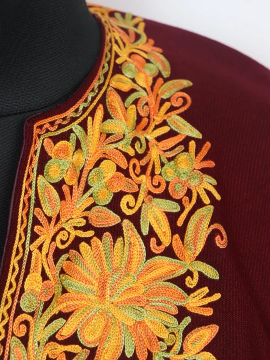 Girls' Kashmiri Poncho in Maroon Cashmilon Wool with Aari Embroidery - Image 2