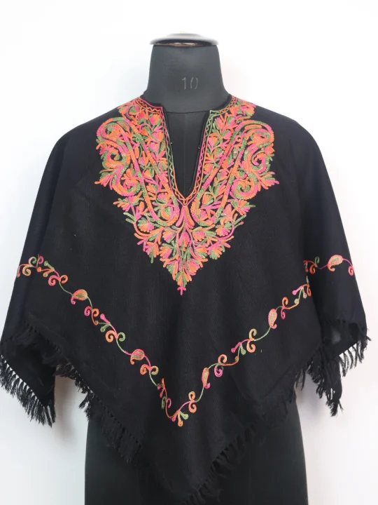 Black Kashmiri Girls’ Poncho With Aari Embroidery in Cashmilon Wool