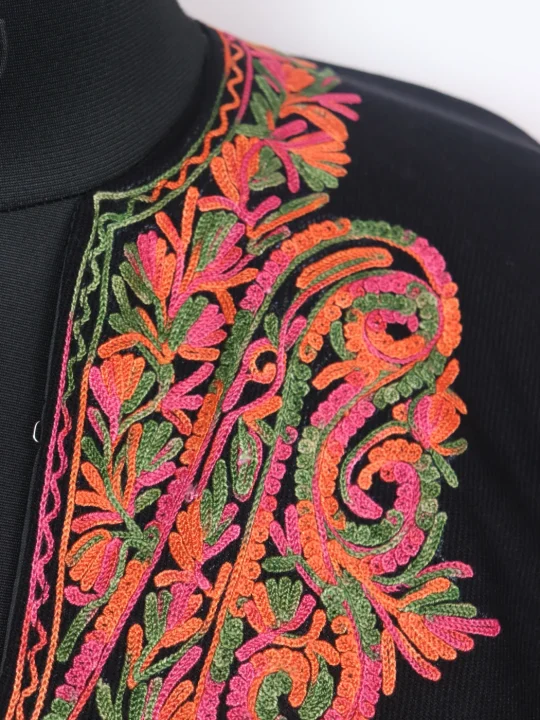 Black Kashmiri Girls’ Poncho With Aari Embroidery in Cashmilon Wool - Image 2