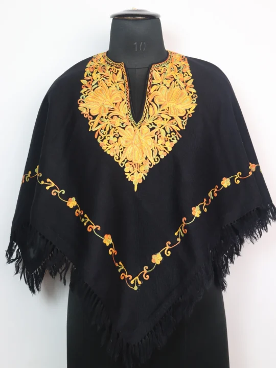 Noor Kashmiri Girls’ Poncho With Aari Embroidery in Cashmilon Wool | Black