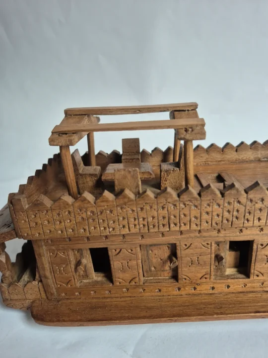 Dal-lake Kashmiri Hand Carved Walnut Wooden Houseboat For Decor - Image 3