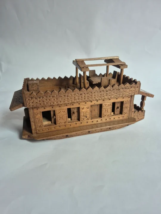 Dal-lake Kashmiri Hand Carved Walnut Wooden Houseboat For Decor - Image 5