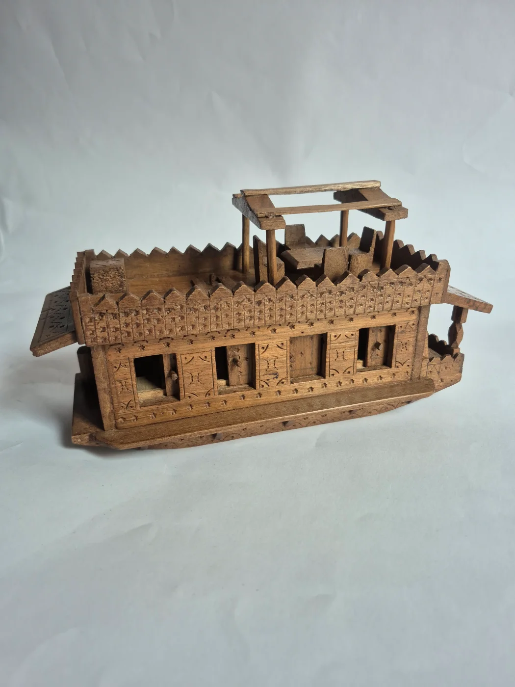 Dal-lake Kashmiri Hand Carved Walnut Wooden Houseboat For Decor - Image 5