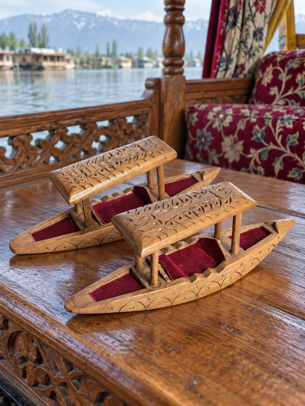 Set of 2 Hand Carved Walnut Wood Shikara Boat For Decor | Dal