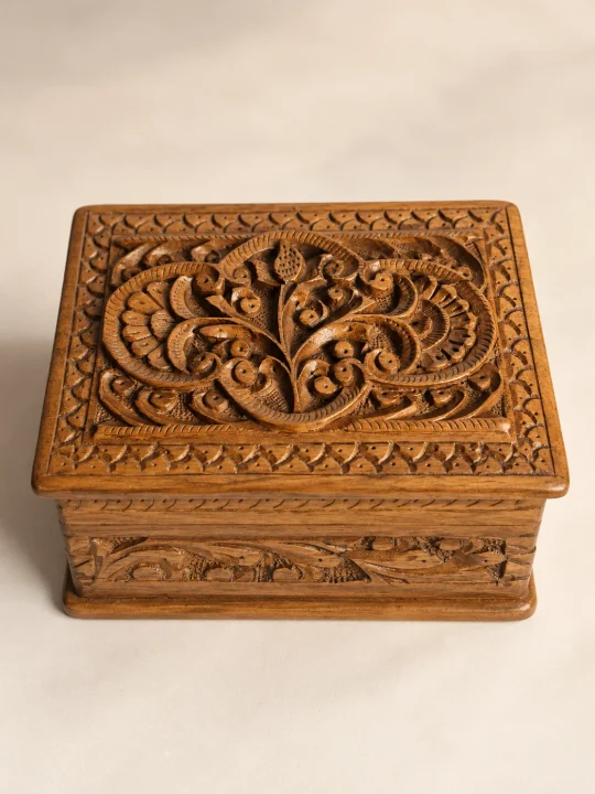 Kashmiri Hand Carved Walnut Wooden Box for Jewelry, Ornaments | Lazeez