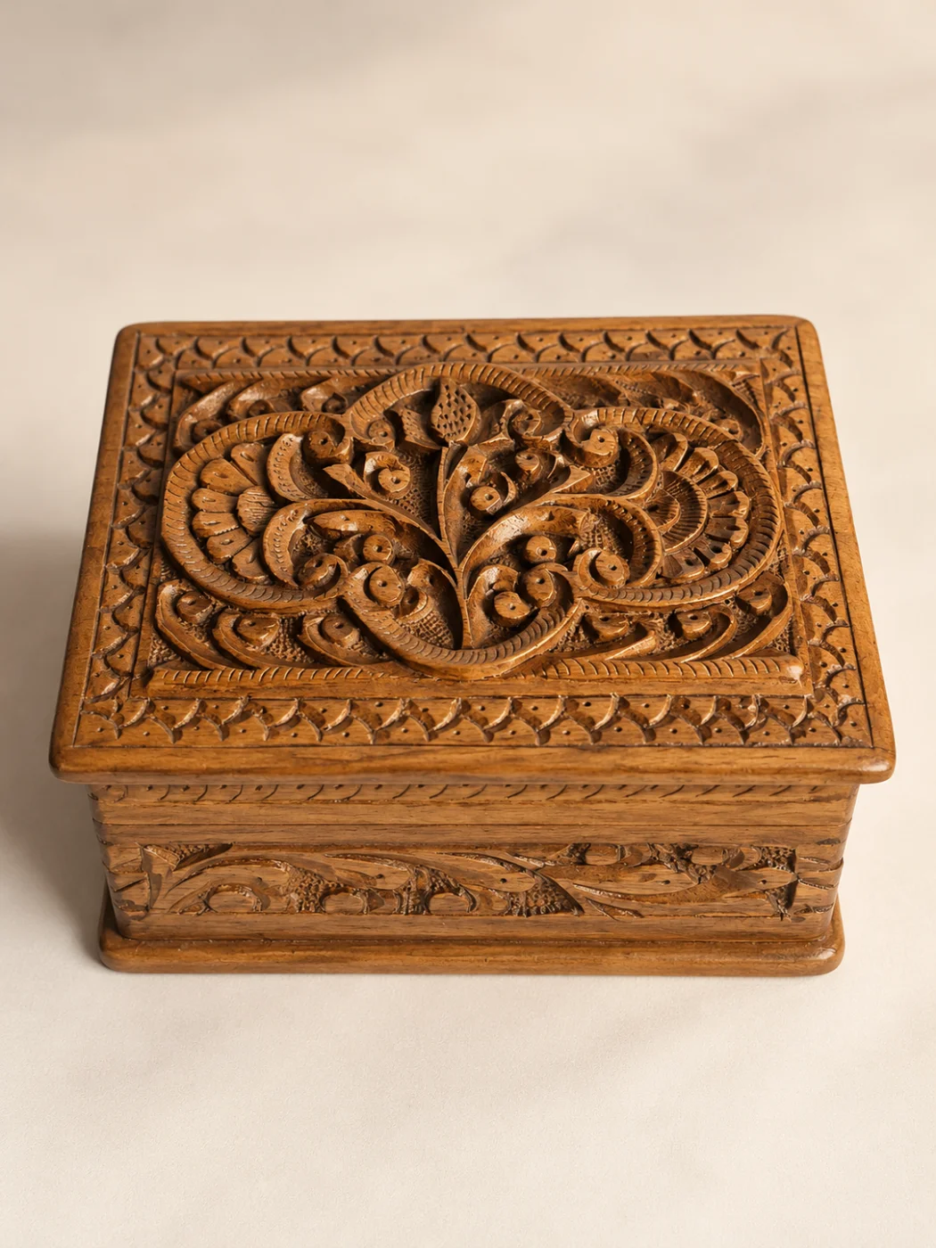 Kashmiri Hand Carved Walnut Wooden Box for Jewelry, Ornaments | Lazeez