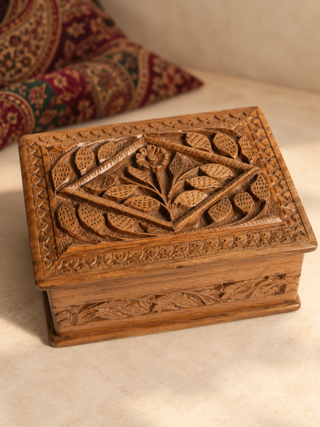 Kashmiri Hand Carved Walnut Wooden Box Muntaha