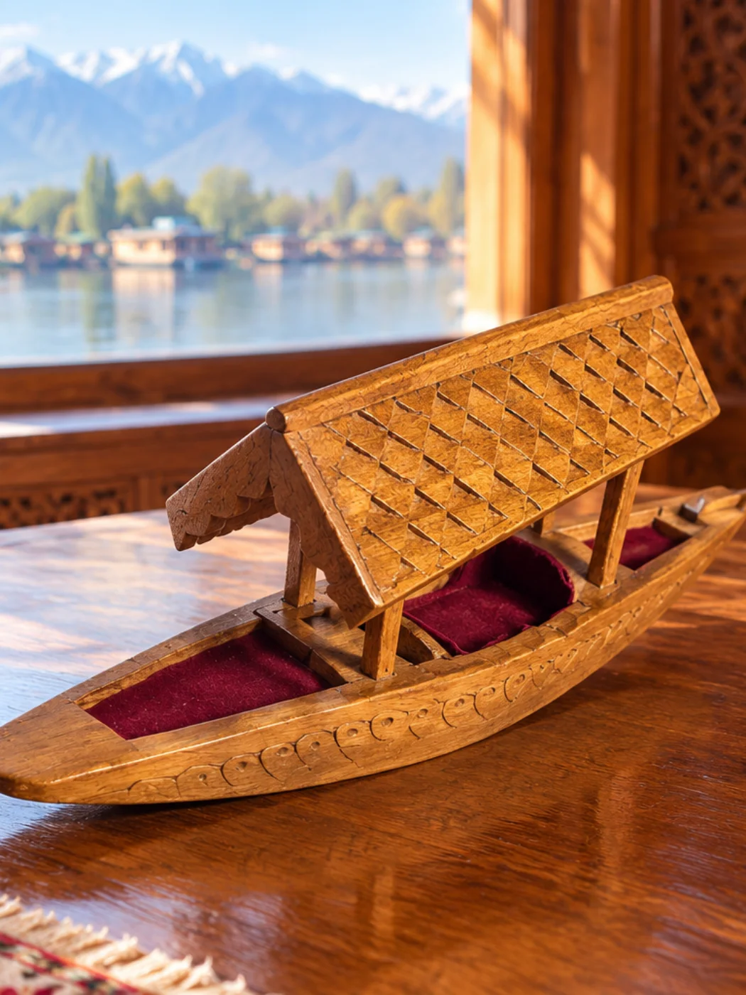 Manasbal Kashmiri Hand Carved Walnut Wood Shikara boat With Roof For Decor
