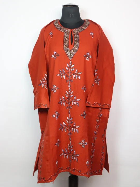 Tabassum Kashmiri Pheran In Raffal Wool With Hand Sozni Paper Machie Style Work | Rust