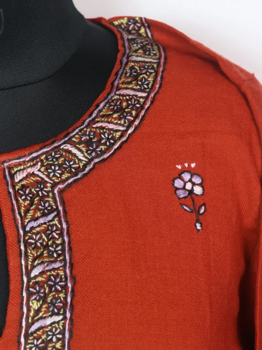 Tabassum Kashmiri Pheran In Raffal Wool With Hand Sozni Paper Machie Style Work | Rust - Image 3