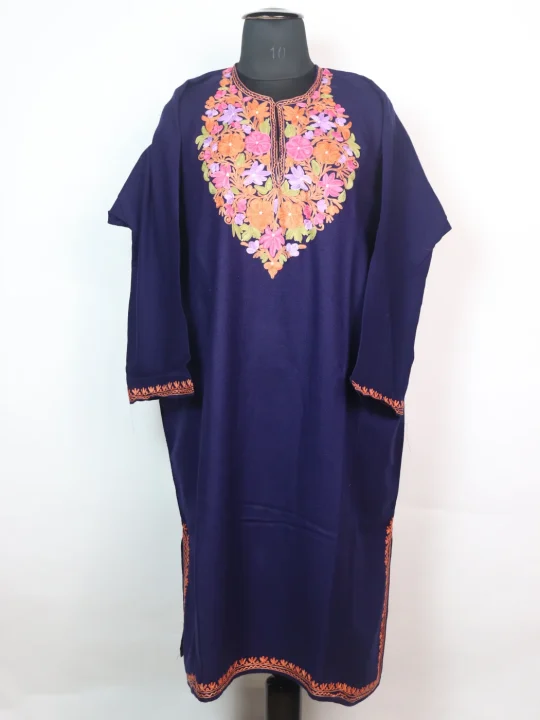 Kashmiri Pheran Azra In Cashmilon wool With Aari Embroidery | Navy Blue