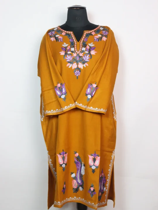 Zartasha Kashmiri Pheran In Mustard Cashmilon With Sleeve Boothi Aari Embroidery | Designer