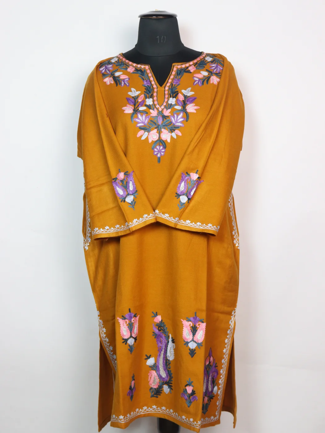Zartasha Kashmiri Pheran In Mustard Cashmilon With Sleeve Boothi Aari Embroidery | Designer