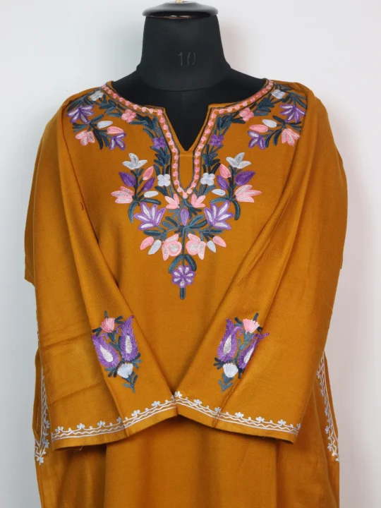 Zartasha Kashmiri Pheran In Mustard Cashmilon With Sleeve Boothi Aari Embroidery | Designer - Image 2