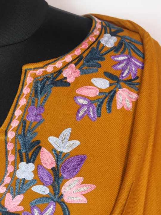 Zartasha Kashmiri Pheran In Mustard Cashmilon With Sleeve Boothi Aari Embroidery | Designer - Image 3
