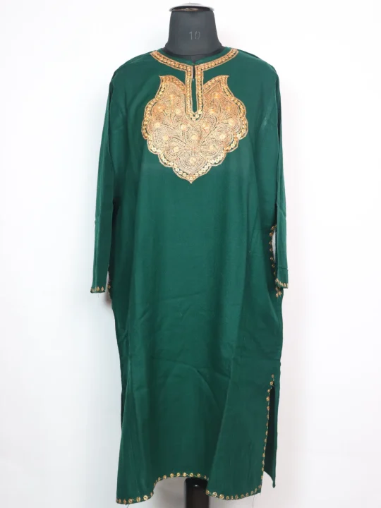 Kashmiri Pheran in Green Cashmilon With Silver Botte Tilla  | Nighat