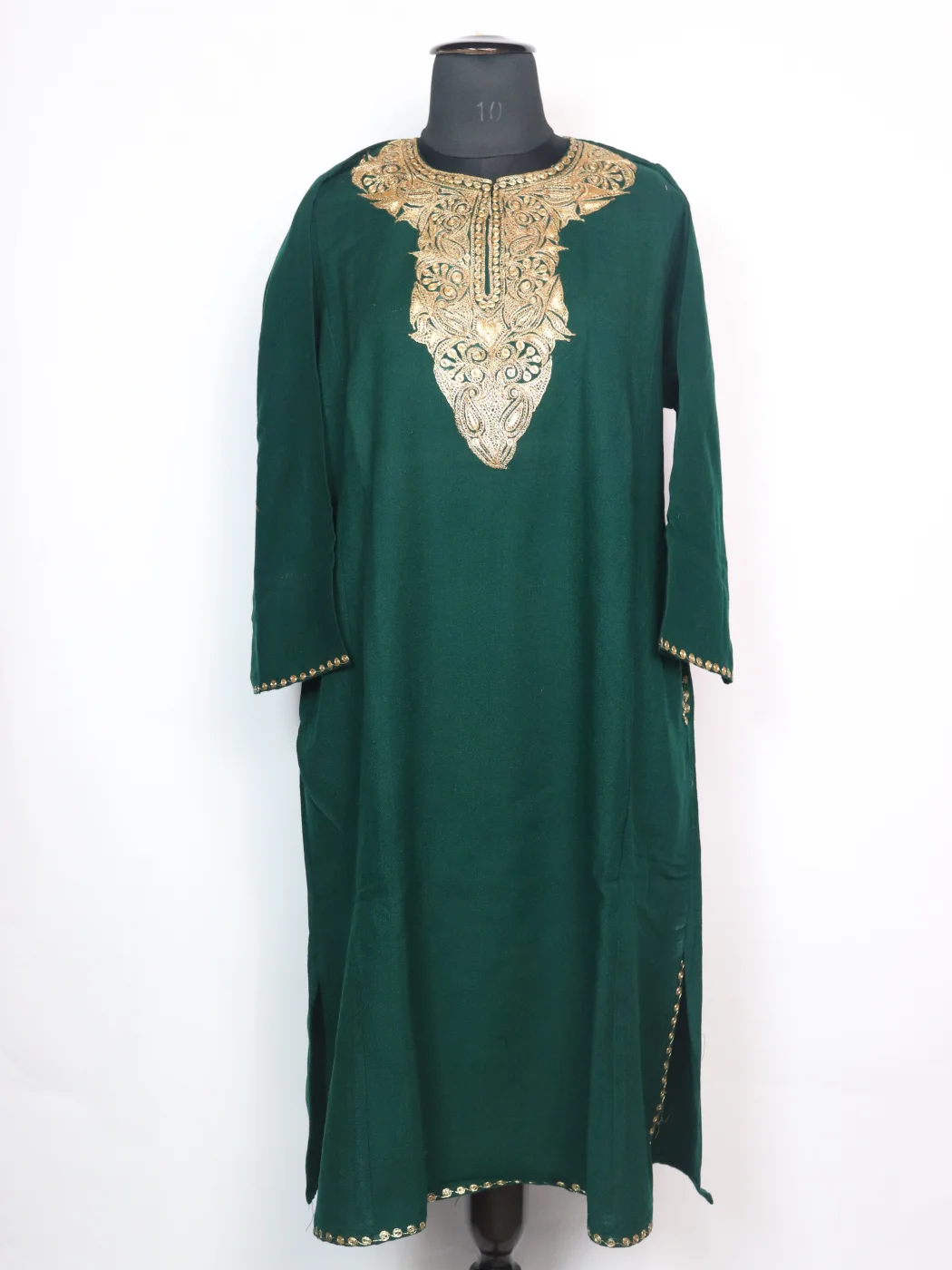 Tehmina Kashmiri Pheran in Green Cashmilon With Silver Botte Tilla