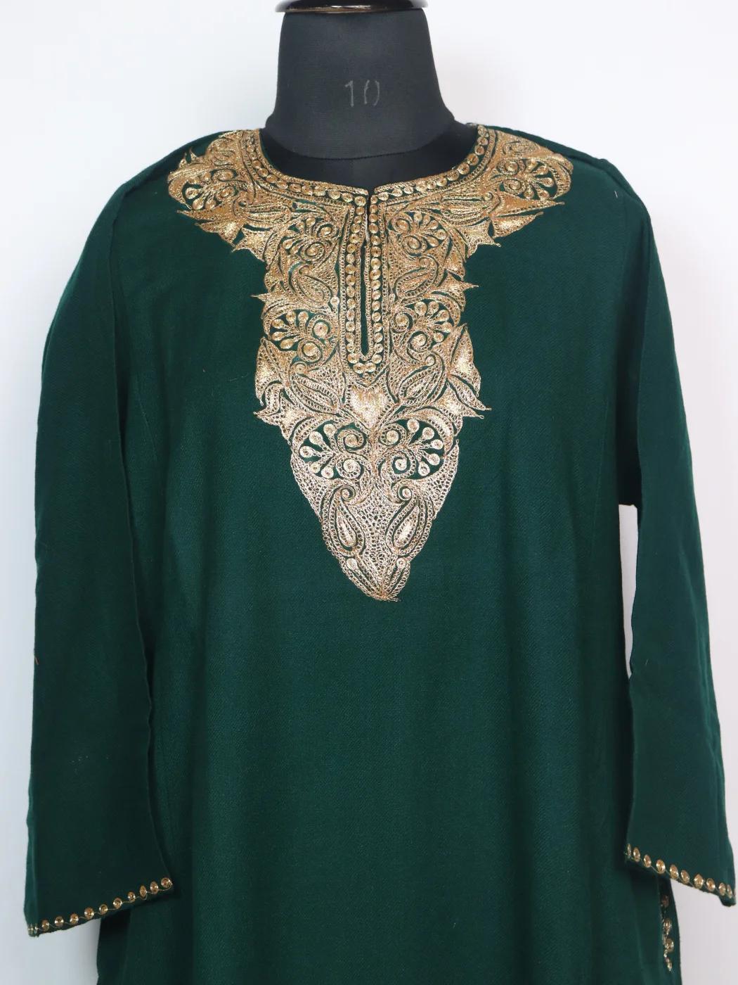 Tehmina Kashmiri Pheran in Green Cashmilon With Silver Botte Tilla - Image 2