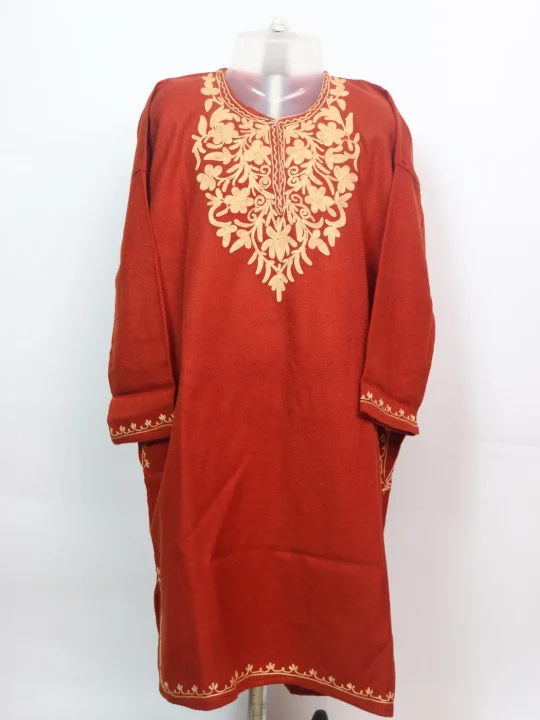 Tasneem Kashmiri Pheran For Girls Aged 7–8 Years In Cashmilon Wool With Aari Work | Rust