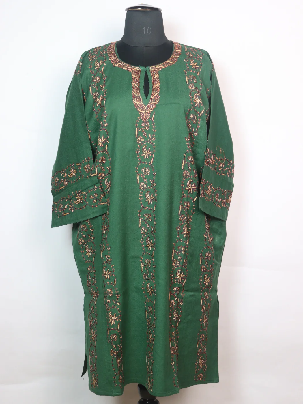 Kashmiri Pheran In Raffal Wool With Hand Sozni Embroidery | Green | Zubia