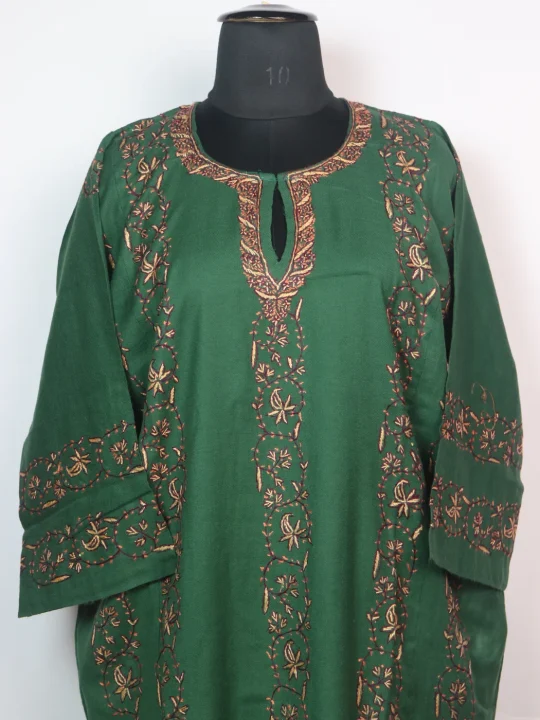 Kashmiri Pheran In Raffal Wool With Hand Sozni Embroidery | Green | Zubia - Image 3