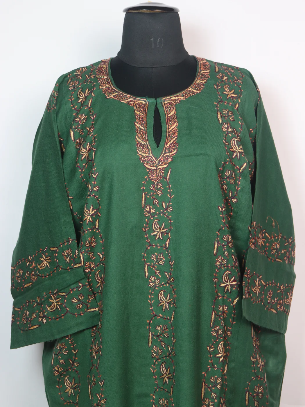 Kashmiri Pheran In Raffal Wool With Hand Sozni Embroidery | Green | Zubia - Image 3