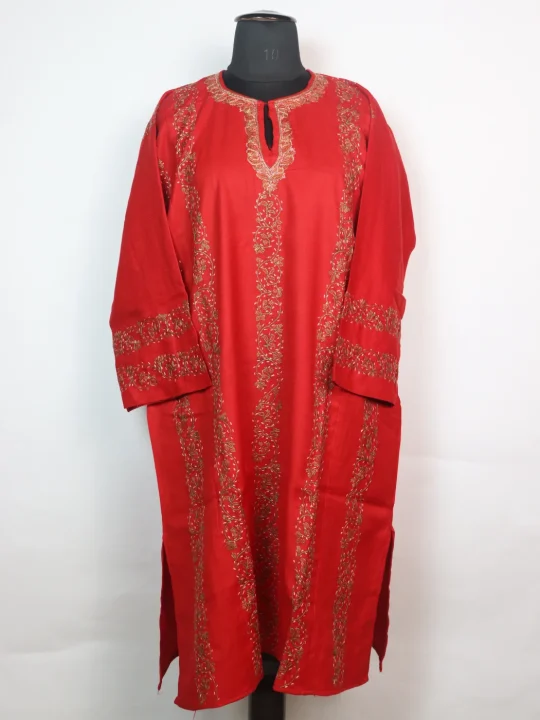Zubia Kashmiri Pheran In Raffal Wool With Hand Sozni Embroidery | Red