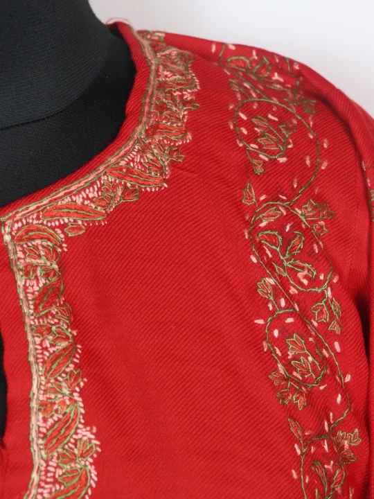 Zubia Kashmiri Pheran In Raffal Wool With Hand Sozni Embroidery | Red - Image 3
