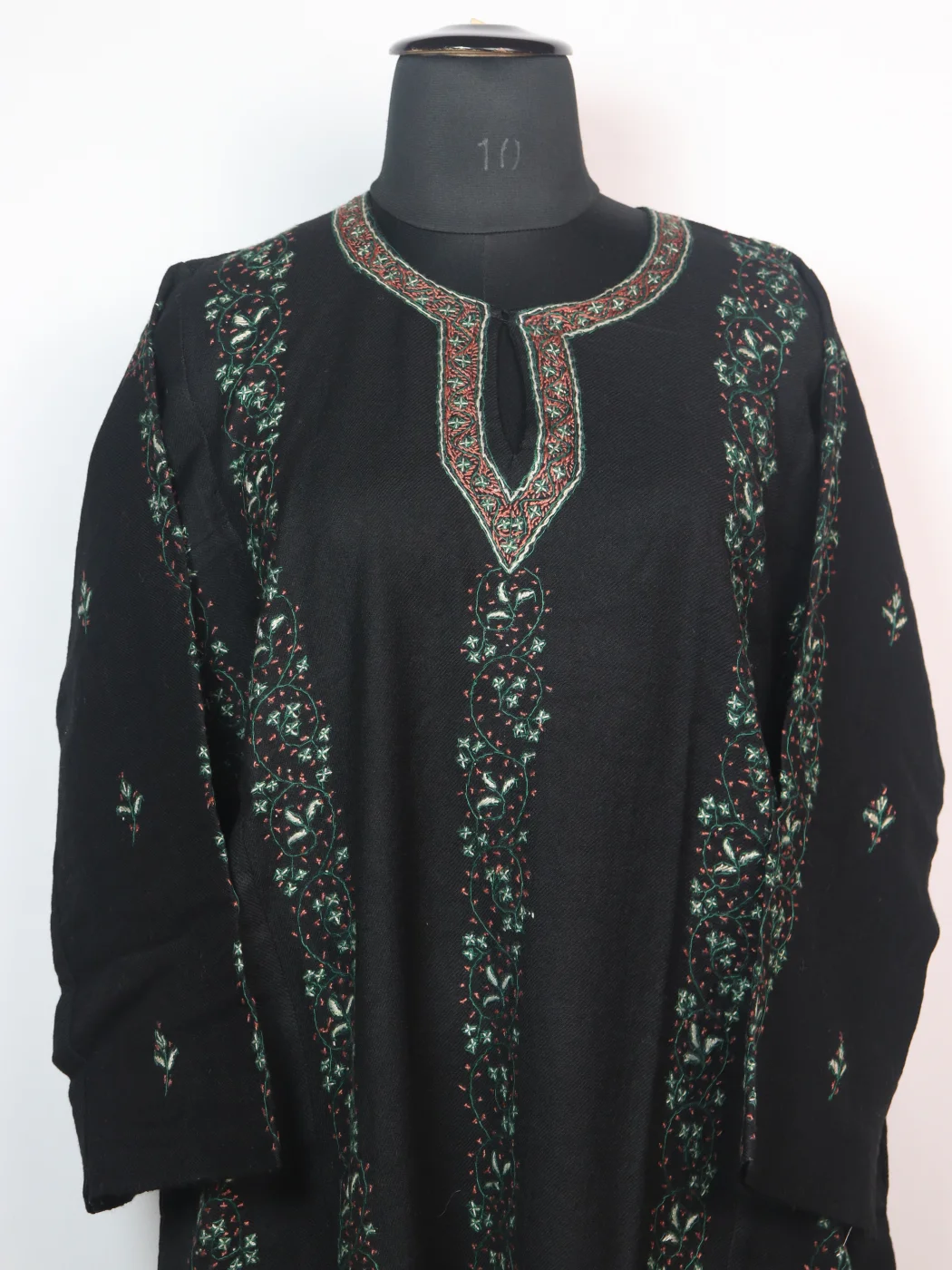 Kashmiri Pheran In Black Raffal Wool With Hand Sozni Embroidery | Zubia - Image 2