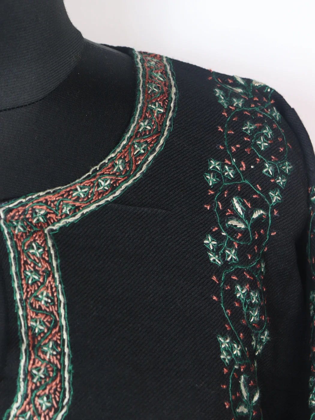 Kashmiri Pheran In Black Raffal Wool With Hand Sozni Embroidery | Zubia - Image 3