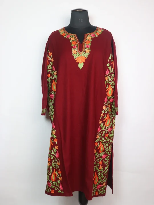 Madiha Kashmiri Pheran In Cashmilon Wool With Aari Work And Side Panel Work | Maroon