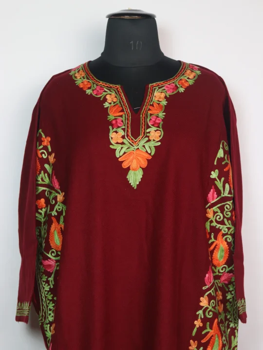 Madiha Kashmiri Pheran In Cashmilon Wool With Aari Work And Side Panel Work | Maroon - Image 2