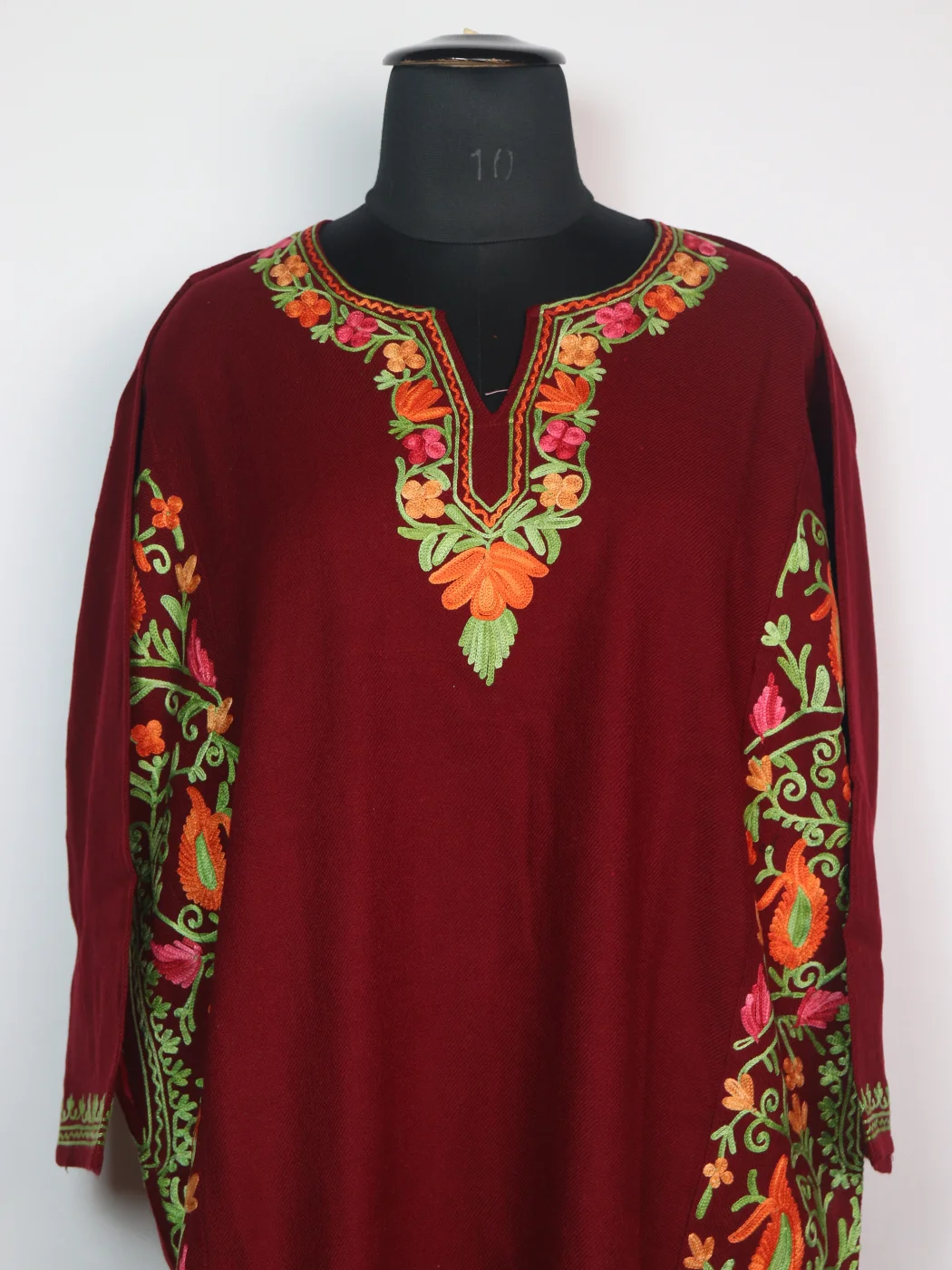 Madiha Kashmiri Pheran In Cashmilon Wool With Aari Work And Side Panel Work | Maroon - Image 2