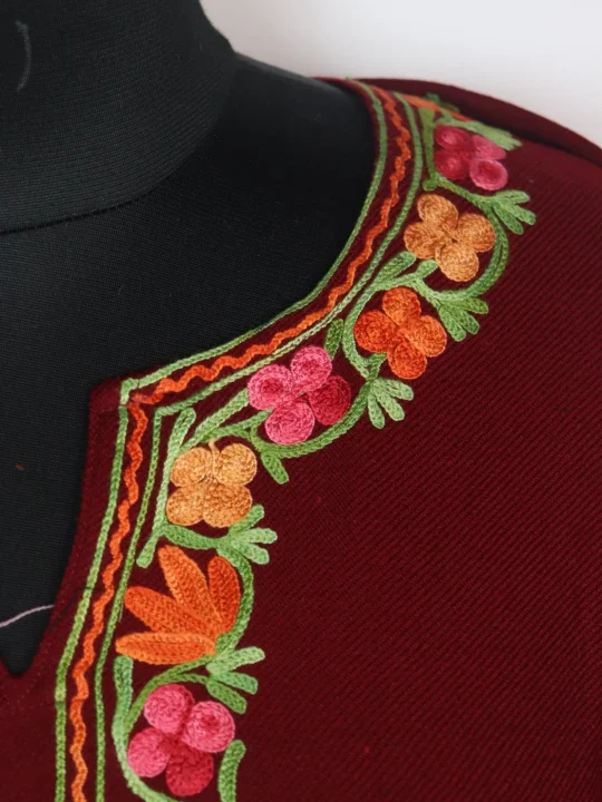 Madiha Kashmiri Pheran In Cashmilon Wool With Aari Work And Side Panel Work | Maroon - Image 3