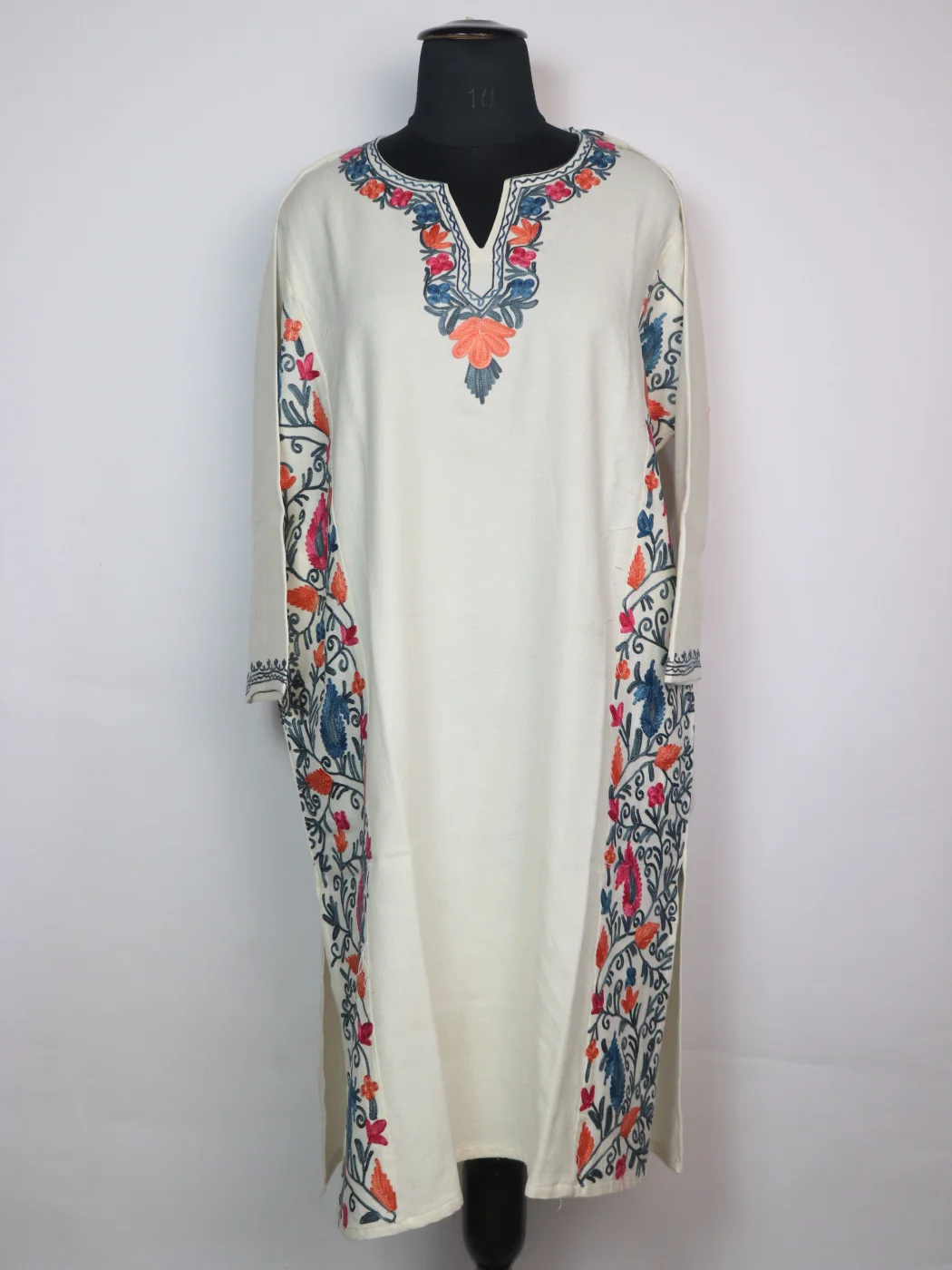 Madiha Kashmiri Pheran In Cashmilon Wool With Side Panel Aari Work | Off White