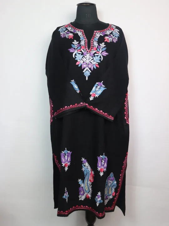 Madiha Kashmiri Pheran In Cashmilon wool With Aari Work And Sleeve Point Work | Black