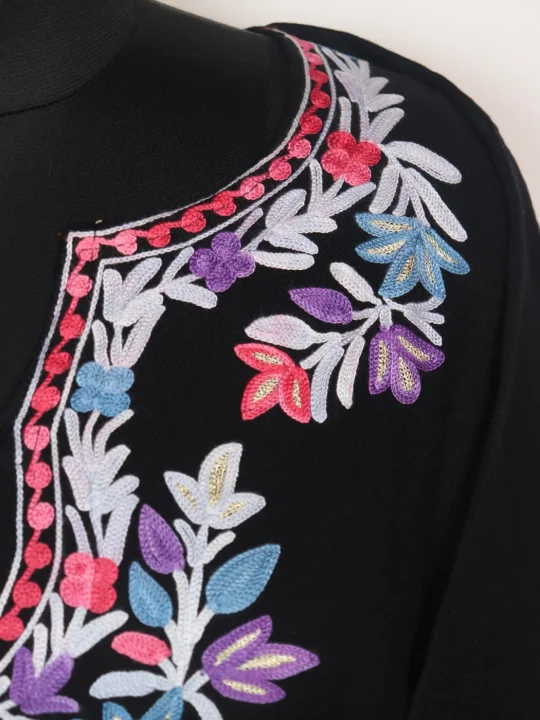 Madiha Kashmiri Pheran In Cashmilon wool With Aari Work And Sleeve Point Work | Black - Image 3