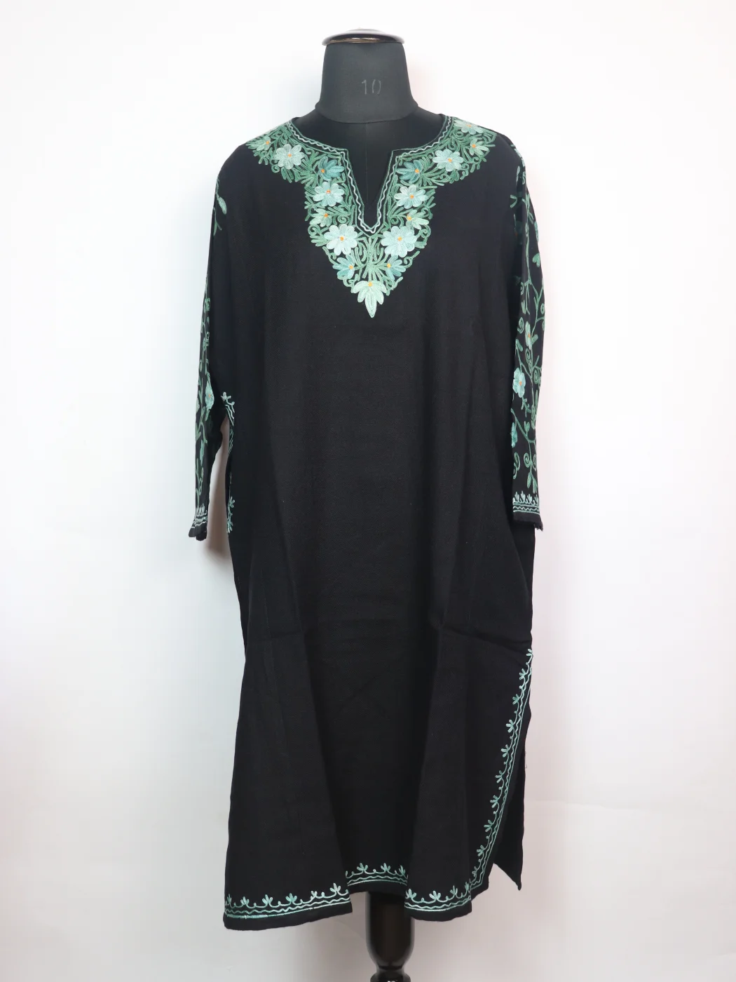 Madiha Kashmiri Pheran In Cashmilon Wool With Aari Embroidery Jaal Work | Black