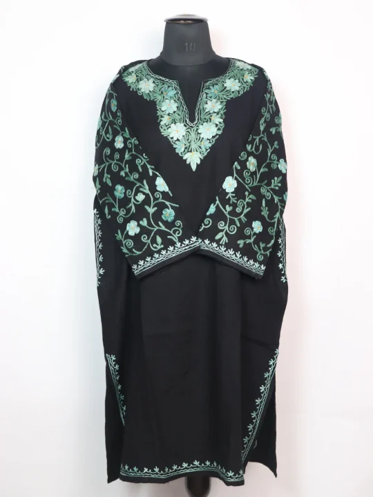 Madiha Kashmiri Pheran In Cashmilon Wool With Aari Embroidery Jaal Work | Black - Image 2