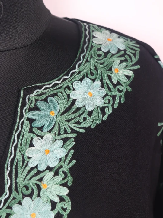 Madiha Kashmiri Pheran In Cashmilon Wool With Aari Embroidery Jaal Work | Black - Image 3