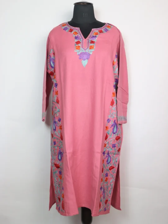 Kashmiri Pheran In Pink Cashmilon Wool With Side Panel Aari Embroidery | Madiha